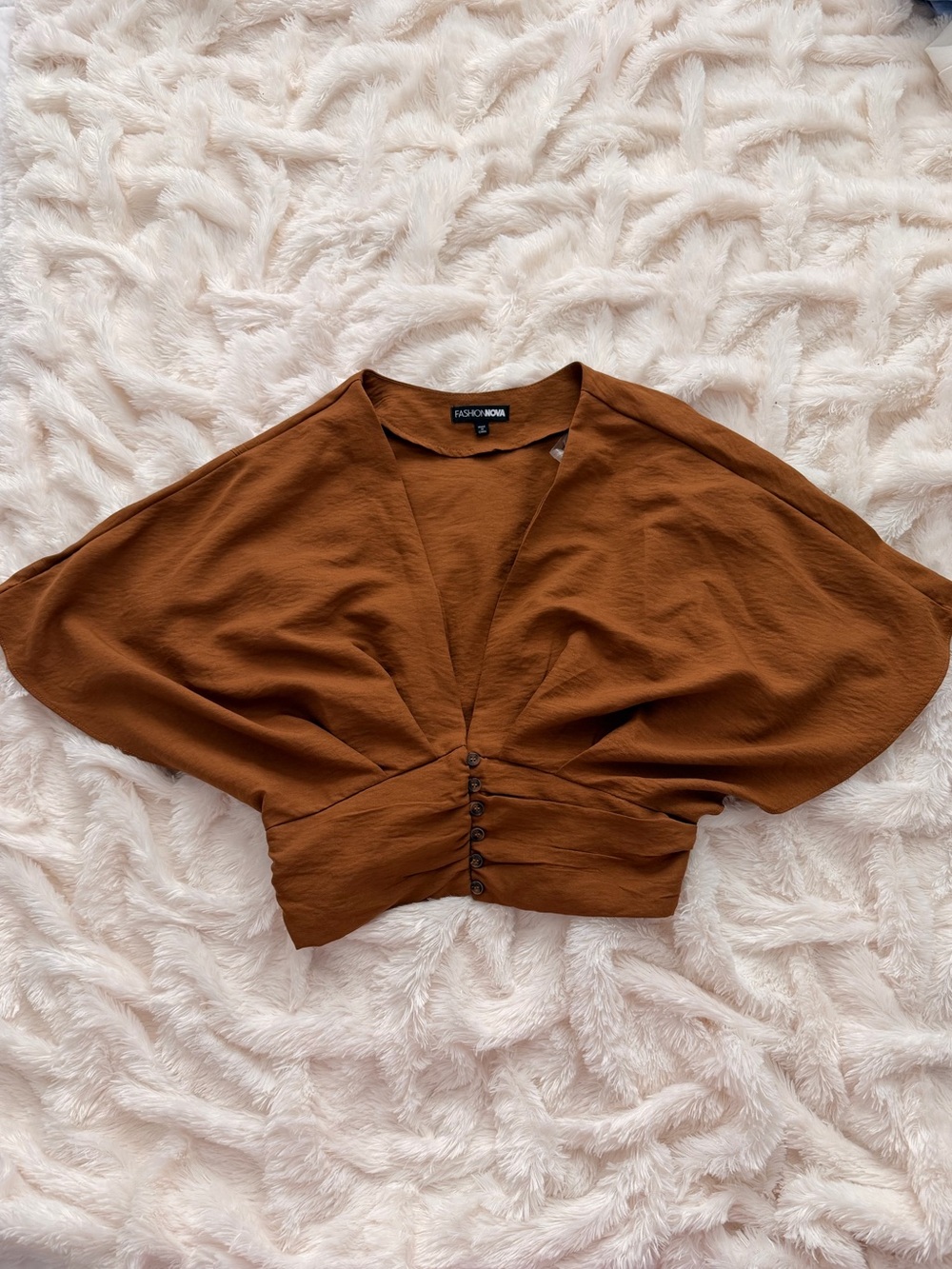 Fashion Nova Chocolate Brown Batwing Crop Top | Deep V Waist Cinch Blouse XS